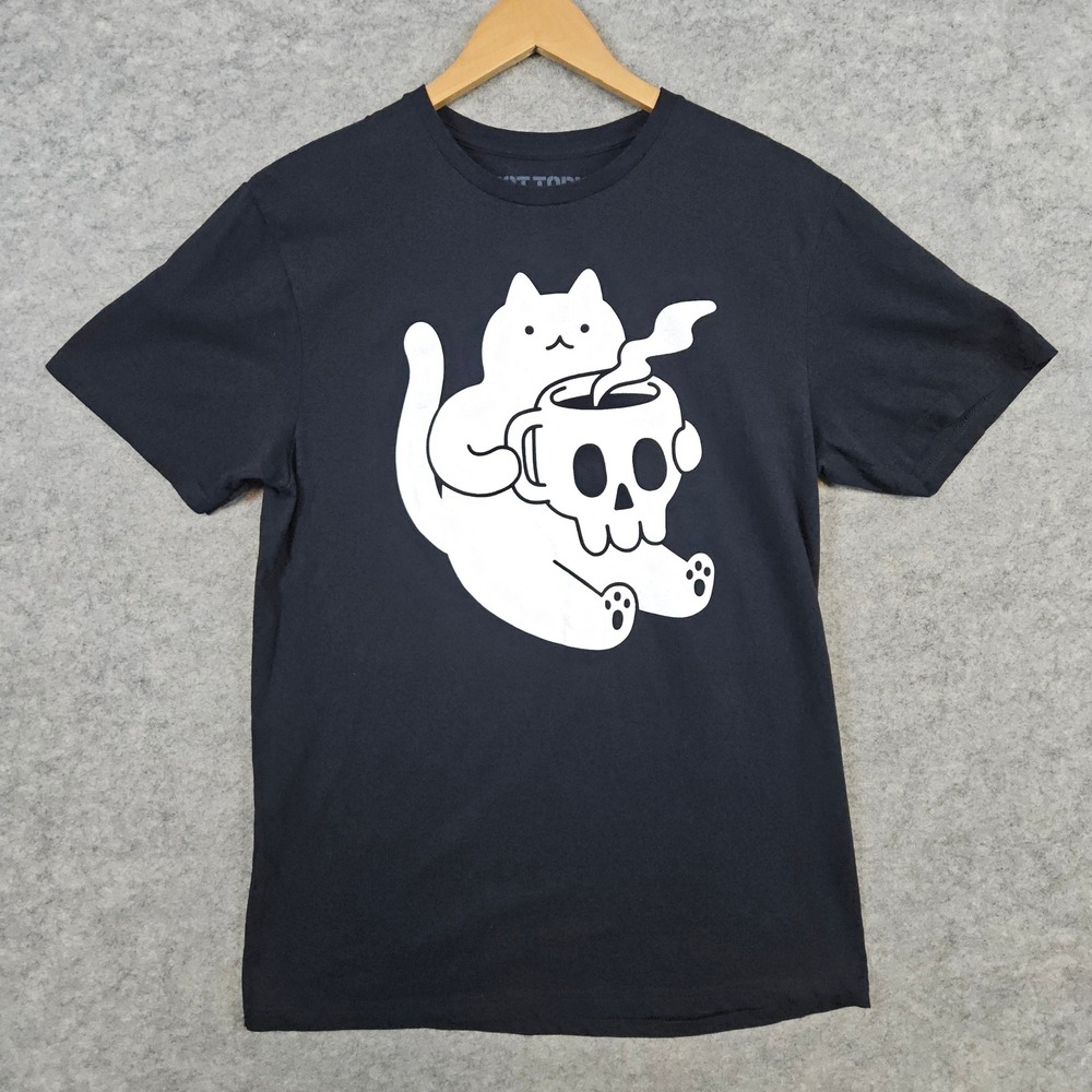 Hot Topic Black Tee‎ T-Shirt Size M Cat Drinking From Skull Mug Obinsun Desinged